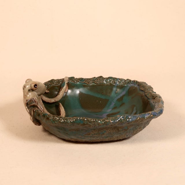 Signed Sculptural Studio Pottery Hand-Formed Octopus Ceramic Bowl Ocean-Inspired Dish With Teal Blue Textured Glaze For Sale In Tulsa - Image 6 of 12