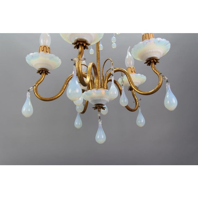 Italian Florentine Gilt Metal and White Opalescent Glass Five-Light Chandelier, 1970s For Sale - Image 10 of 18