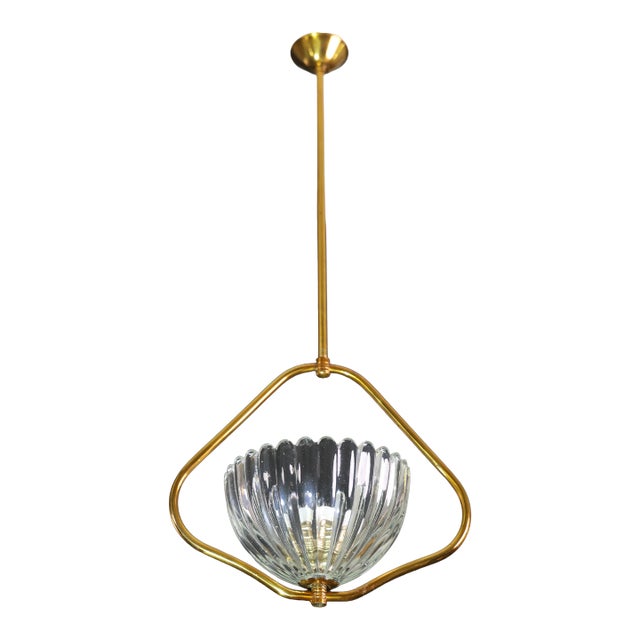 1950s Art Decò Barovier E Toso Murano Glass and Brass Pendant Light For Sale