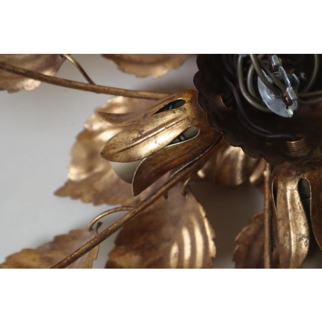 Hollywood Regency Vintage Gilt Leaves Flush Mount Light Fixture, 1980s For Sale - Image 3 of 13