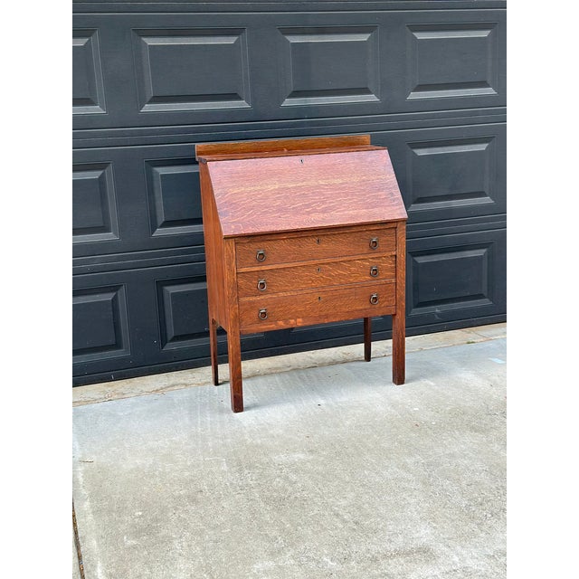 Chestnut Antique Early 20th Century Quarter Sawn Oak Drop Front Secretary With Drawers - Solid Wood Accent Chest With Ring Pulls For Sale - Image 8 of 17