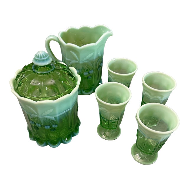 1940s Mosser Green Opalescent Cherry Thumbprint Cookie Jar & Pitcher W/4 Goblets 6-Piece For Sale