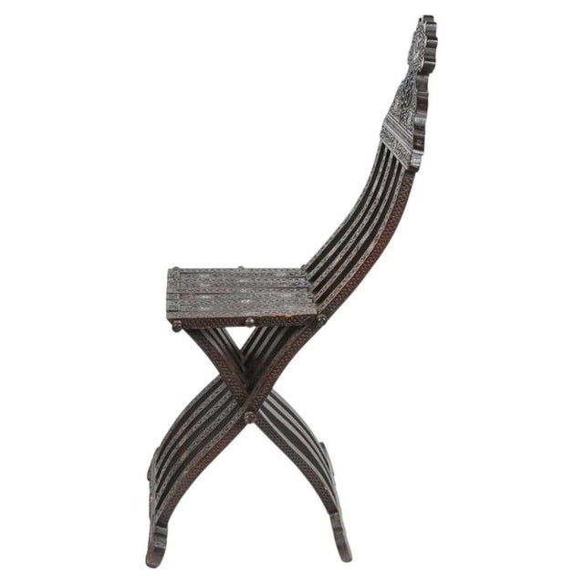 Islamic 19th Century Moorish Carved Wood Folding Chair with Mother-of-Pearl Inlay For Sale - Image 3 of 15