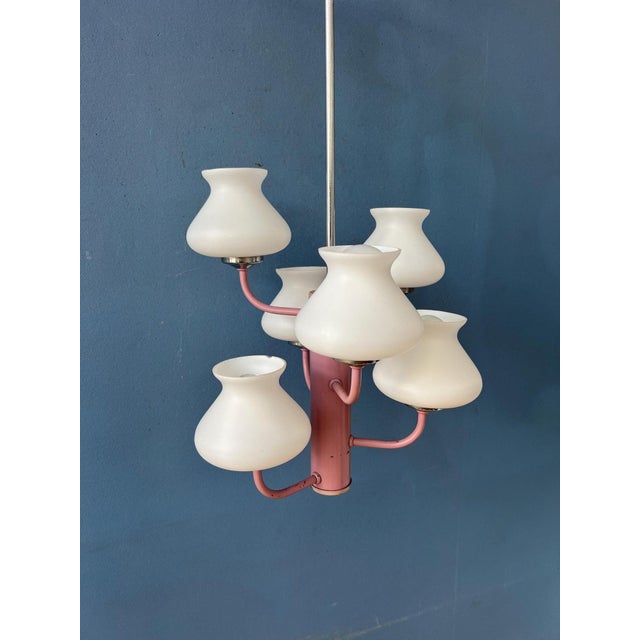 Mid-Century White Opaline Glass Chandelier with Pink Frame For Sale - Image 12 of 13