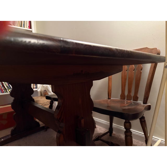 1970s Final Price Reduction on 1970s Ethan Allen Old Tavern Antiqued Pine Trestle Dining 5' Table With 6 Original Matching Chairs For Sale - Image 5 of 7