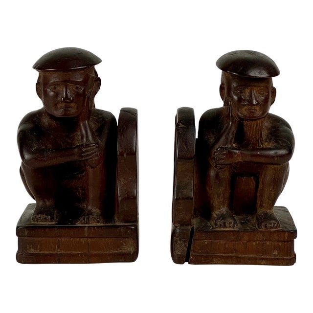 Vintage Asian Hand Carved Thinking Men Wooden Bookends - a Pair For Sale