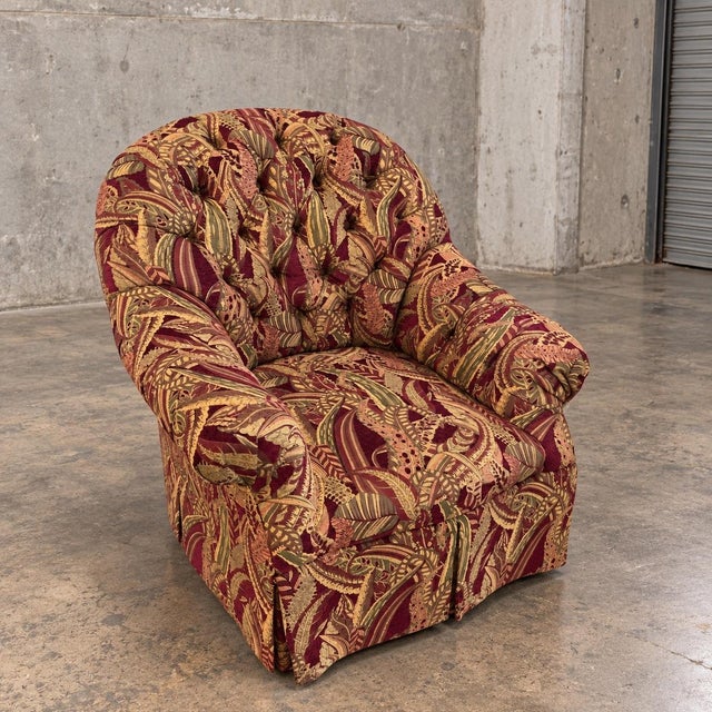 Custom Designer Plant Leaf Pattern Burgundy Armchair For Sale - Image 4 of 6