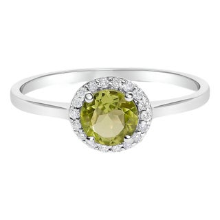 10K White Gold Green Peridot and 1/10 Cttw Diamond Halo Ring For Sale