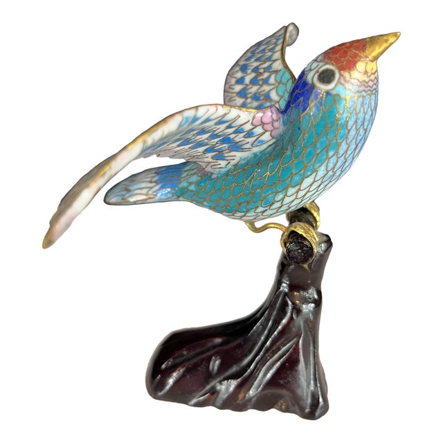 Colorful Cloisonné Bird on Branch – Vintage Chinese Enamel Art – Mid-Century Decor For Sale