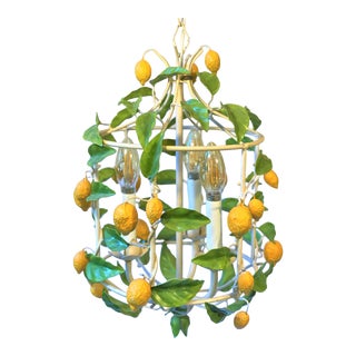 Vintage Italian Tole Ware Lemons Three Light Chandelier For Sale