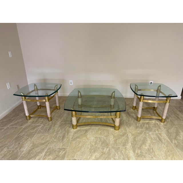 1990s Italian Horn Brass Coffee & End Tables Set with Heavy Glass Tops - Set of 3 For Sale - Image 13 of 13