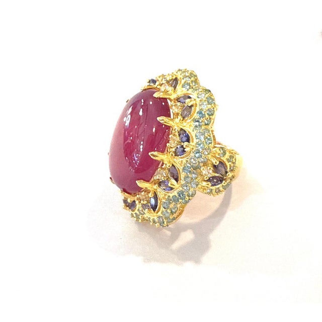 Bochic “Orient” Ruby, Amethyst & Multi Gem Cocktail Ring Set 18K Gold & Silver Natural Red Ruby -12 Carat Natural Amethyst...