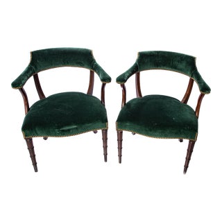 Vintage Mid Century Green Velvet Chippendale Chairs - a Pair For Sale