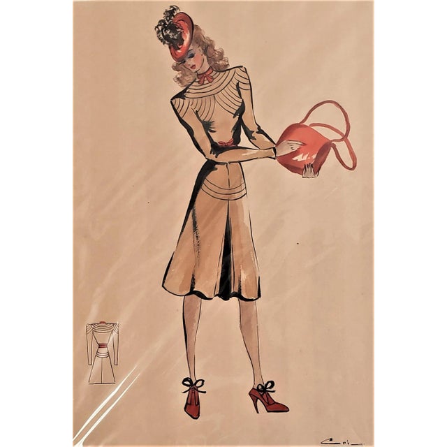 Matted Large Original Mid-Century French Couture Sport Fashion Drawing For Sale