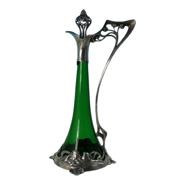 1910s Art Nouveau WMF Claret Jug and Stopper With Green Glass Liner For Sale