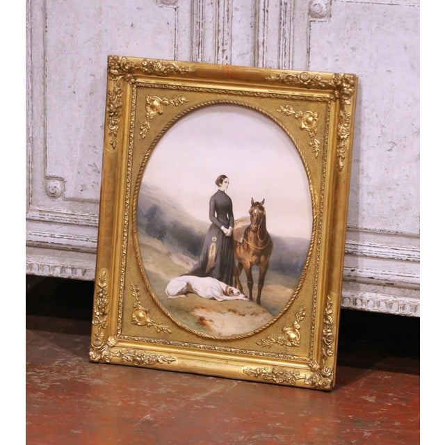 This elegant antique equestrian portrait was painted in France circa 1860 and captures a refined lady posed beside her...
