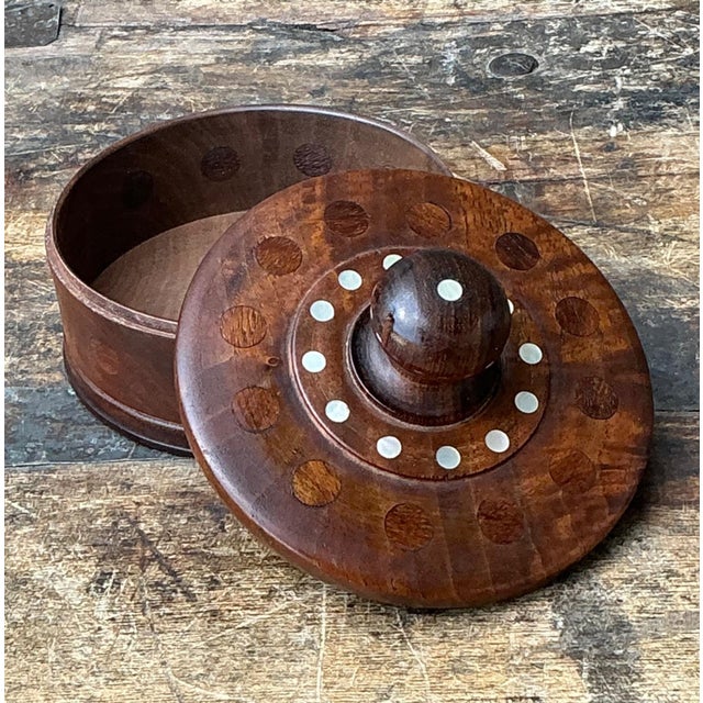 Vintage Round Wood Inlay Trinket Box For Sale - Image 11 of 15