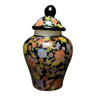 Hand Painted Liuli Glass Lidded General Jar, Black Ground Multi-Colored Floral Pattern, Chinoiserie Ginger Jar For Sale