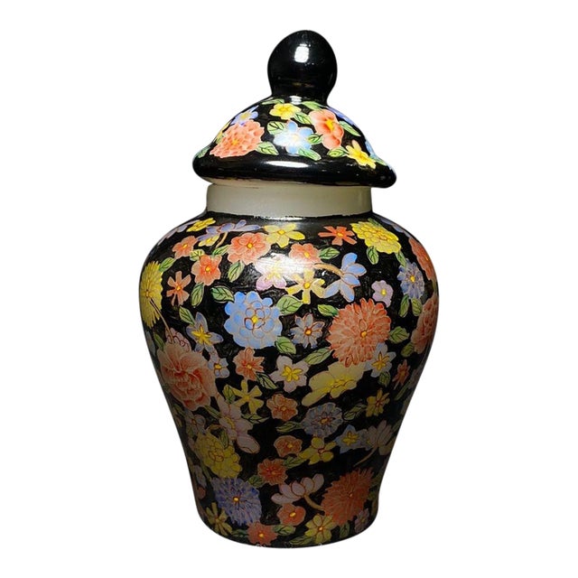 Hand Painted Liuli Glass Lidded General Jar, Black Ground Multi-Colored Floral Pattern, Chinoiserie Ginger Jar For Sale