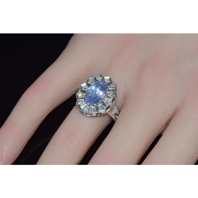 Gia Certified Natural 4cts vs F Diamond No Heat Violet Sapphire 18k Gold Art Deco Etruscan Halo Ring, Size 5.5 For Sale - Image 9 of 10