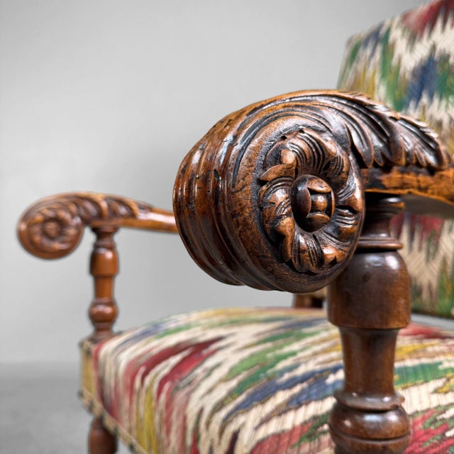 Antique Armchairs in Walnut with Ikat Pattern, Late 19th Century, Set of 2 For Sale - Image 11 of 18