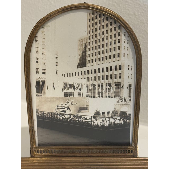 1930s American Art Deco Brass Arched Picture Frame With Rockefeller Center Photograph For Sale - Image 4 of 12