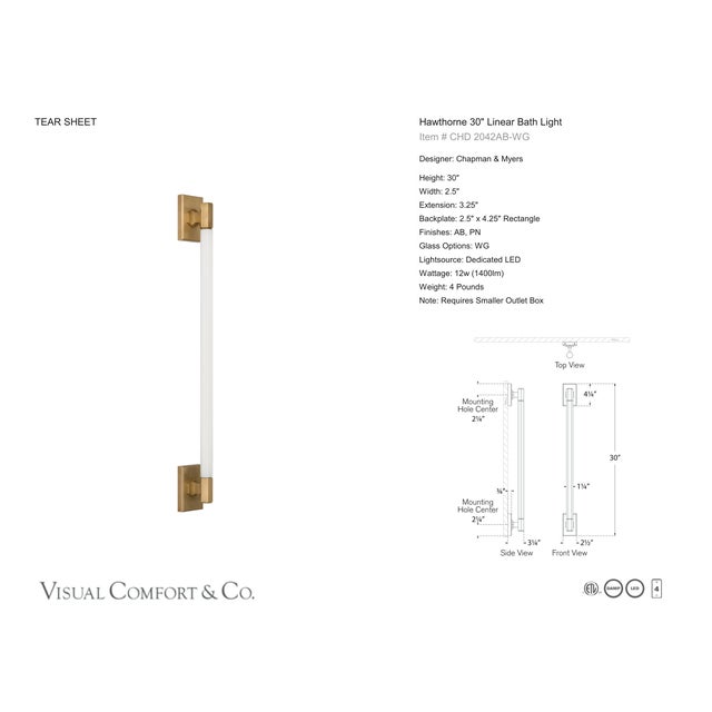 Visual Comfort Chapman & Myers for Visual Comfort Signature Hawthorne 30" Linear Bath Light in Antique-Burnished Brass with White Glass For Sale - Image 4 of 6