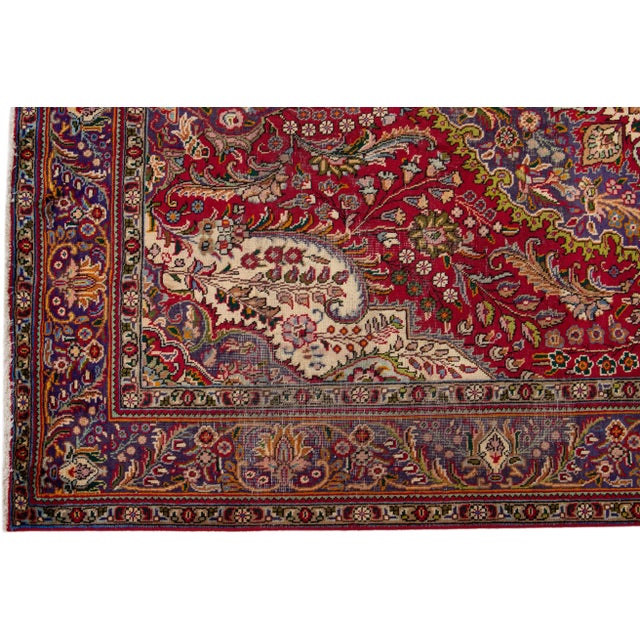 1960s Vintage Persian Tabriz Handmade Medallion Red Wool Rug For Sale - Image 4 of 7