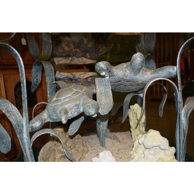 Contemporary VTG Metal / 'Bronze' Aqua Patina Sea Turtles Ocean Round Glass Coffee Table For Sale - Image 3 of 18