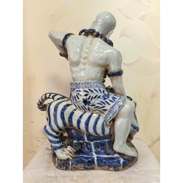 Chinese Vintage Ceramic Buddhist Sculpture,Hand Carved Blue and White Porcelain the Eighteen Arhats Statue For Sale - Image 4 of 9