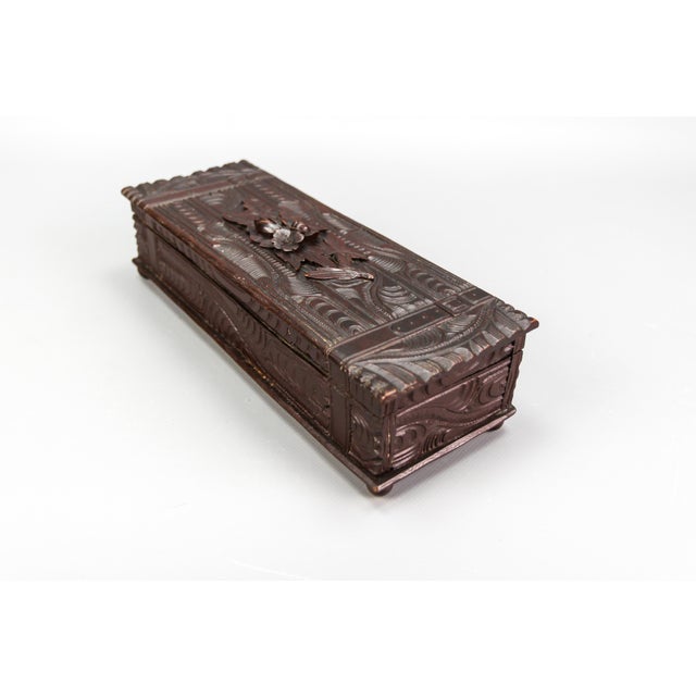 Metal Antique Swiss Black Forest Dark Brown Carved Wood Glove Box, Ca. 1900s For Sale - Image 7 of 18