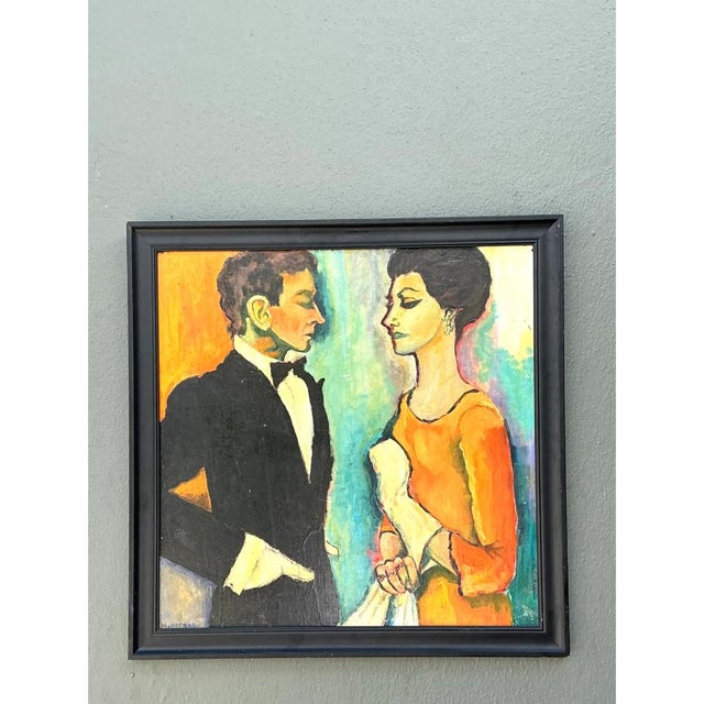 This vintage figurative painting is a bold, color-saturated double portrait. A man and a woman stand in profile, facing...