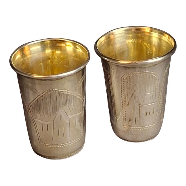 Antique Russian 84 Silver Kiddush Cups Pair Heirs of Zakhoder Kiev 1908-1917 For Sale