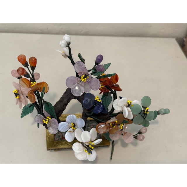 Asian Vintage Gemstone Bonsai Tree Sculpture Asian, Semi Precious Stones, Jade Brass Pot For Sale - Image 3 of 12