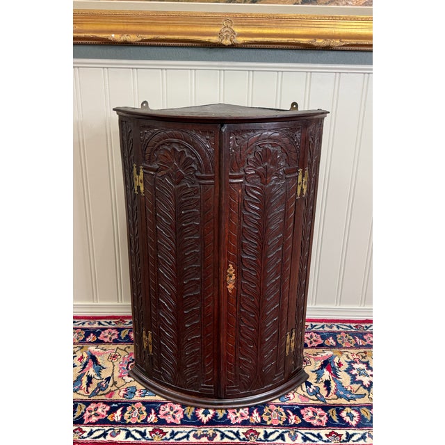 Beautiful Antique Highly Carved English Oak Hanging Wall or Freestanding Corner Cabinet, Medicine or Spice Cabinet with...