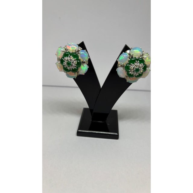 Natural Opal, Emerald, & Diamond Earring in 14k Gold For Sale - Image 4 of 8