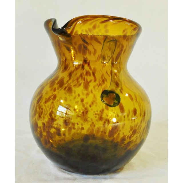 American Vintage Hand Blown Amber Tortoise Shell Art Glass Pitcher With Applied Handle For Sale - Image 3 of 10