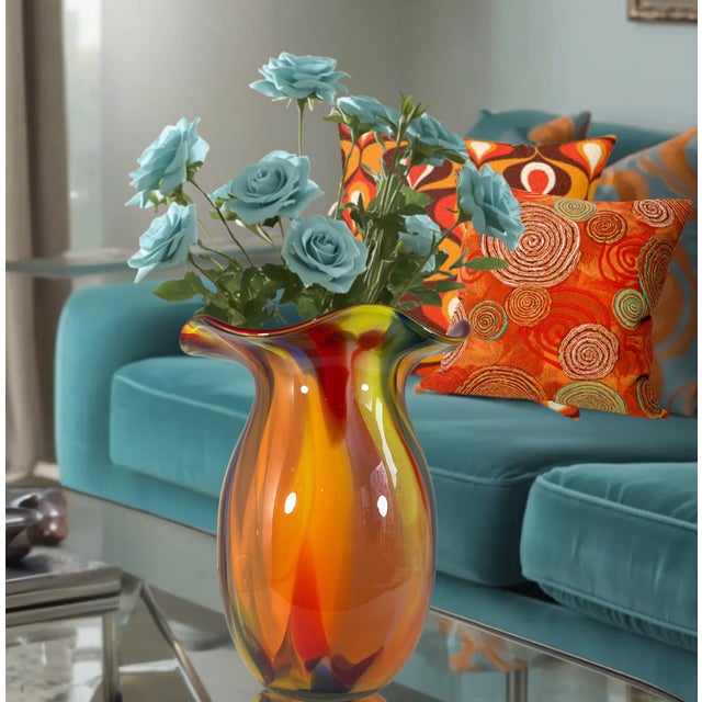 Bulbous Orange Marbled Flared Lip Art Glass Vase For Sale - Image 14 of 16