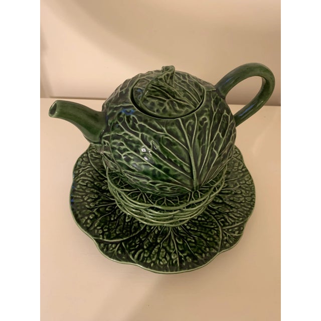 Mediterranean Vintage Cabbage Leaf Tea Pot & Platters - Set of 8 For Sale - Image 3 of 13