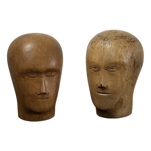 Vintage French Haberdashery Shop Display Millinery Heads, Set of 2 For Sale