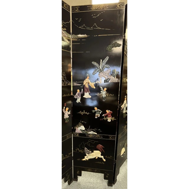 Mid Century Asian Double Sided Floor Screen Room Divider With Soapstone Decorations For Sale - Image 4 of 12