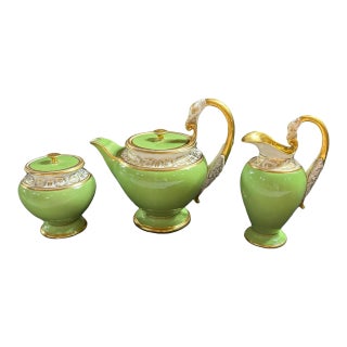 19th Century Classical Form Meissen Tea Set in Green- 3 Pieces For Sale