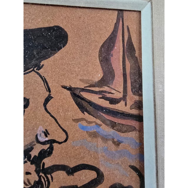 Vintage Mid Century Era Watercolor Painting Fisherman For Sale In Boston - Image 6 of 9