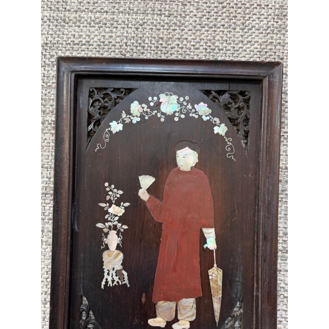 Chinoiserie Vintage Vietnamese Mother of Pearl Inlaid Lacquer Wood Panel Openwork Fretwork Frame 18.25"x12.5" For Sale - Image 3 of 14
