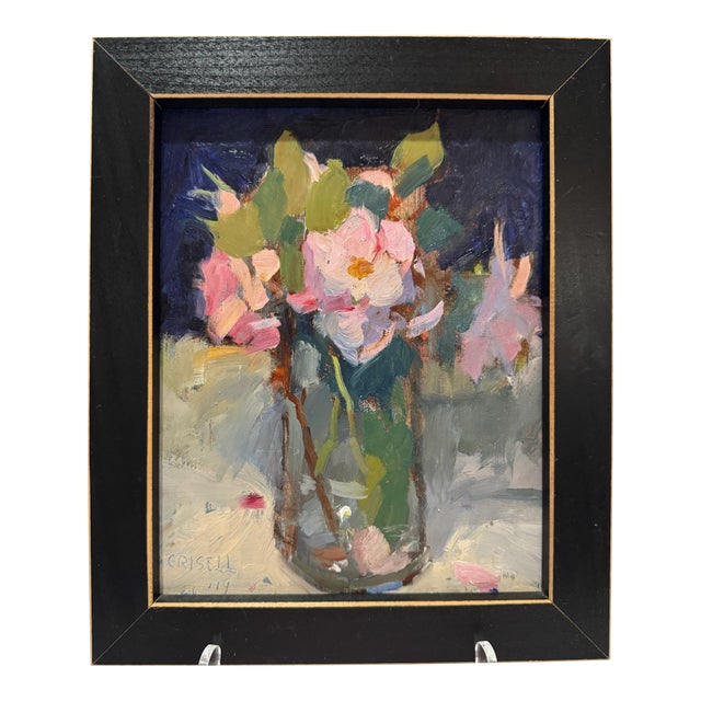 Susan Grisell Signed Floral Still Life Oil Painting Flowers in Glass Vase Framed For Sale