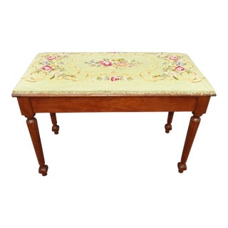 Vintage French Needlepoint Tapestry Bench Stool ~ Green Floral Stitch For Sale