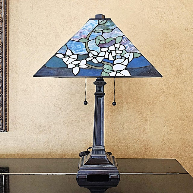 2003 Tiffany-Style Floral Stained Glass Pyramid Table Lamp For Sale - Image 16 of 18