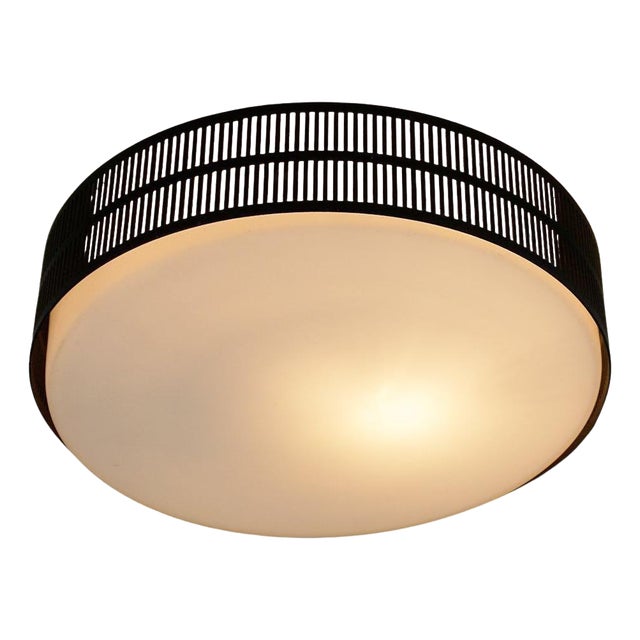 Mid-Century Austrian Circular Black Metal and Opaline Glass Ceiling Lamp, 1960s For Sale