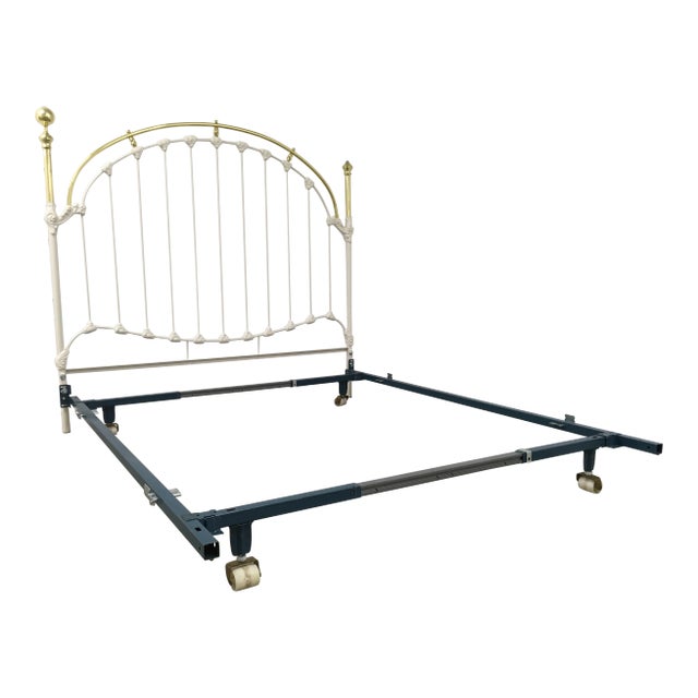 White Painted Wrought-Iron & Brass & Queen Bedframe For Sale