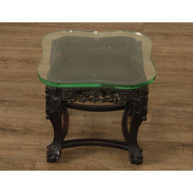 Early 20th Century Antique Asian Ornate Carved Tabouret Side Table with Glass Top For Sale - Image 5 of 13
